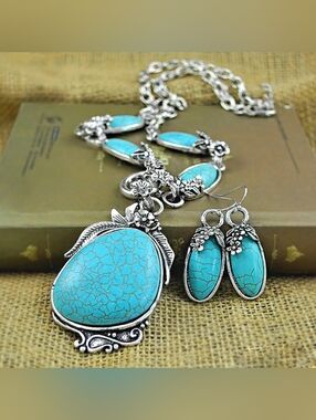 Turquoise Stone Teardrop Necklace & Earrings Set - Women Jewelry